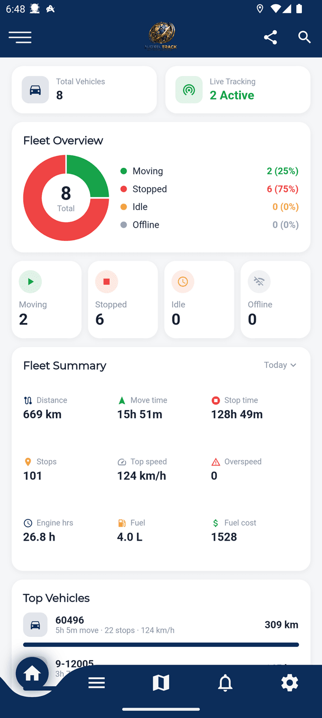 Matrix Track mobile app fleet overview dashboard with live vehicle status
