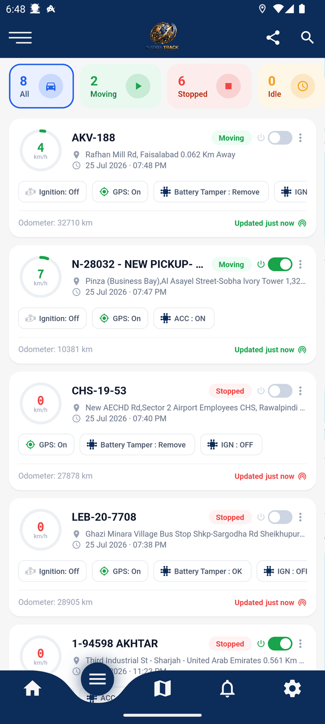 Matrix Track app live fleet list showing vehicle speed, GPS and ignition status