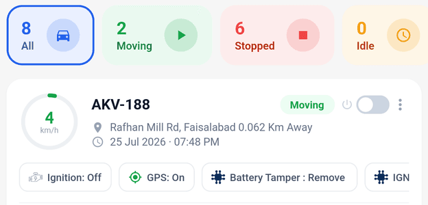 Matrix Track live fleet status with vehicle cards