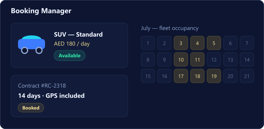 Rent-a-car booking manager with fleet occupancy calendar